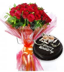 Bunch of 20 Red Roses with Plastic Cellophane packing and Half Kg. Chocolate Cake