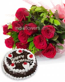 Bunch of 10 Red Roses with Plastic Cellophane packing and Half Kg. Black Forest cake
