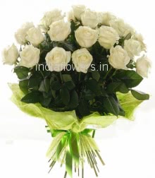 Bunch of 25 White Roses nicely decorated with fillers and ribbons