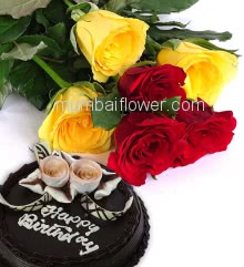 Combo with Bunch of 6 Red and Yellow Roses with fillers and ribbons and Half Kg. Chocolate Cake 
