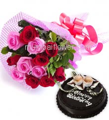 Bunch of 12 Red and Pink Roses with Plastic Cellophane packing and Half Kg. Chocolate Cake Combo