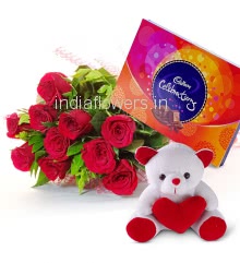 Combo of 10 Red Roses , Cadbury Celebration box and 6 Inch Teddy