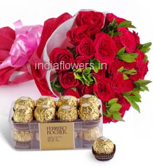 Bunch of 25 Red Roses nicely decorated with fillers ribbons and Paper packing, with 16 pc Fererro Rocher Box