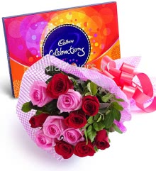 Bunch of 15 Red and Pink Roses nicely decorated with fillers Ribbons, with Small Box of Cadbury Celebration