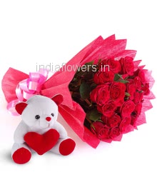 Bunch of 20 Red Roses nicely decorated with fillers and ribbons, with 6 Inch Teddy Bear