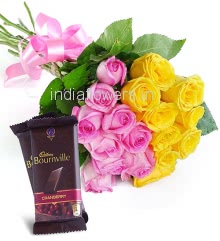 Bunch of 20 Mixed Pink and Yellow Roses nicely decorated with fillers ribbons and 2pc Bournville of Rs.80 each