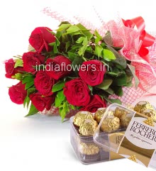 Bunch of 12 Red Roses nicely decorated with fillers and ribbons, with 16Pc Ferrero Rocher Chocolate Box