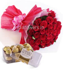 Bunch of 30 Red Rose nicely decorated with Paper Packing and Colored ribbons and 16 pc Fererro Rocher Box