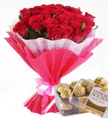 Bunch of 25 Red Roses nicely decorated with Colored Paper packing and ribbons and 16 pc Fererro Rocher Box