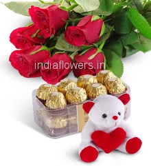 Bunch of 6 Red Roses with Plastic Cellophane packing and 16 pc Fererro Rocher Box and 6 Inch Teddy