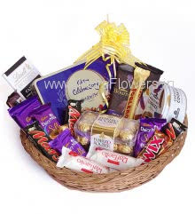 Chocolate Basket of high range chocolates , this basket contains Cadbury Celebration Rich Dry Fruit box 180g., 1pc Lindt Chocoalte 100g., 2pc Bournville 80g., 1 box Danish Cookies 150g., 1 Cadbury Temptation 72g., 2 Twix 50g., 3 Mars 51g. (contains egg), 16pc Ferrero Rocher, 1pc Toblerone 50g., 6pc Rafello, 1 Big Cadbury Silk 137g. and 3 Small Cadbury Silk 55g. each. Please note we may substitute flavour or chocolate in case of unavailability