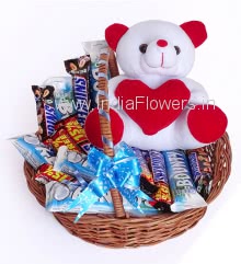 Chocolate Basket with Soft Teddy, contains 6pc Bounty 57g., 8pc Snickers 28g. and 6 inch Teddy