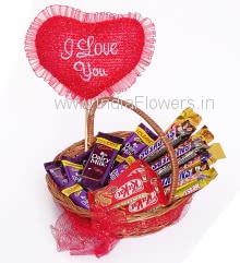 Basket of Chocolates with Soft Heart , contains 4pc 5 Star Chocolate  43g., 3pc Snickers 28g., 3pc Kitkat 13g. and 10pc Dairymilk Chocolates 13g. in beautiful basket with ribbons