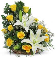 Flowers Arrangement of 15 Yellow Roses and 2 White Lilies. Please note we may substitute type of flowers / color of flowers in case of unavailability.