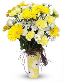 Mixed Flowers in Yellow combination.<br>Please Note: Vase is not included