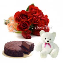 The best combination of gifts to make your evening so romantic,Bunch of 12 Red Roses. Half Kg. Chocolate Cake. 6 inches Teddy