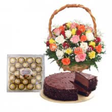 Perfect birthday gift the combination from mumbai flowers of 30 Mixed Roses, 24 pcs. Ferrero Rocher and Half Kg. Chocolate Cake