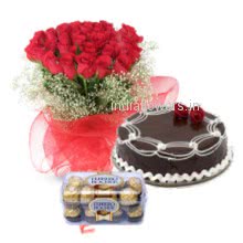 The perfect gift for love red roses chocolate cake and ferroro rocher chocolates nothing more to say Bunch of 20 Red Roses. Half kg. Chocolate cake. 16 pc Ferroro Rocher Chocolate.