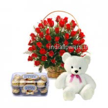 Say Thank you with the beautifully decorated big basket of 40 Red Roses. 6 inches cute Teddy and 16 pc Ferroro Rocher Chocolates.