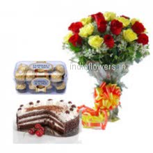 For the special person who made your life special your best friedn gift them Bunch of 20 Red and Yellow Roses. 16 pc Ferroro Rocher Chocolate. Half kg Black forest cake