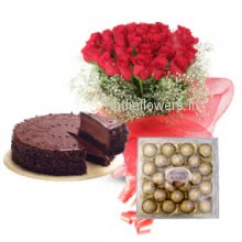 The special person to whom you love most,let them feel your love with thsi beautiful Bunch of 20 Red Rose sand  Half kg. Chocolate Truffle cake abd 24 pc Ferroro Rocher Chocolates.