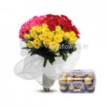For your sweet heart a Bunch of 40 Mixed Roses with 16 pc Ferroro Rocher Chocolate