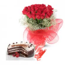 A gift for Annieversary a Bunch of 20 Red Roses and Half kg Black forest cake