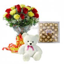 To meke that special person happy with the special happiness combo a Bunch of 30 Mixed Roses. 24 pc Ferroro Rocher Chocolate .6 inches Teddy